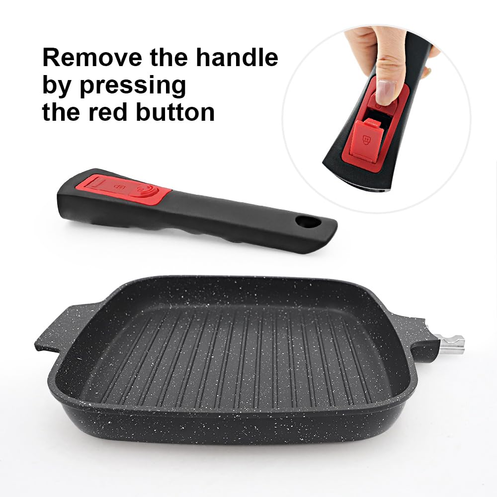 RANXINGST Griddle Pan with Lid, 10 Inch Cast Aluminium Non Stick Steak Pan with Detachable Handle for Induction Hob, Black