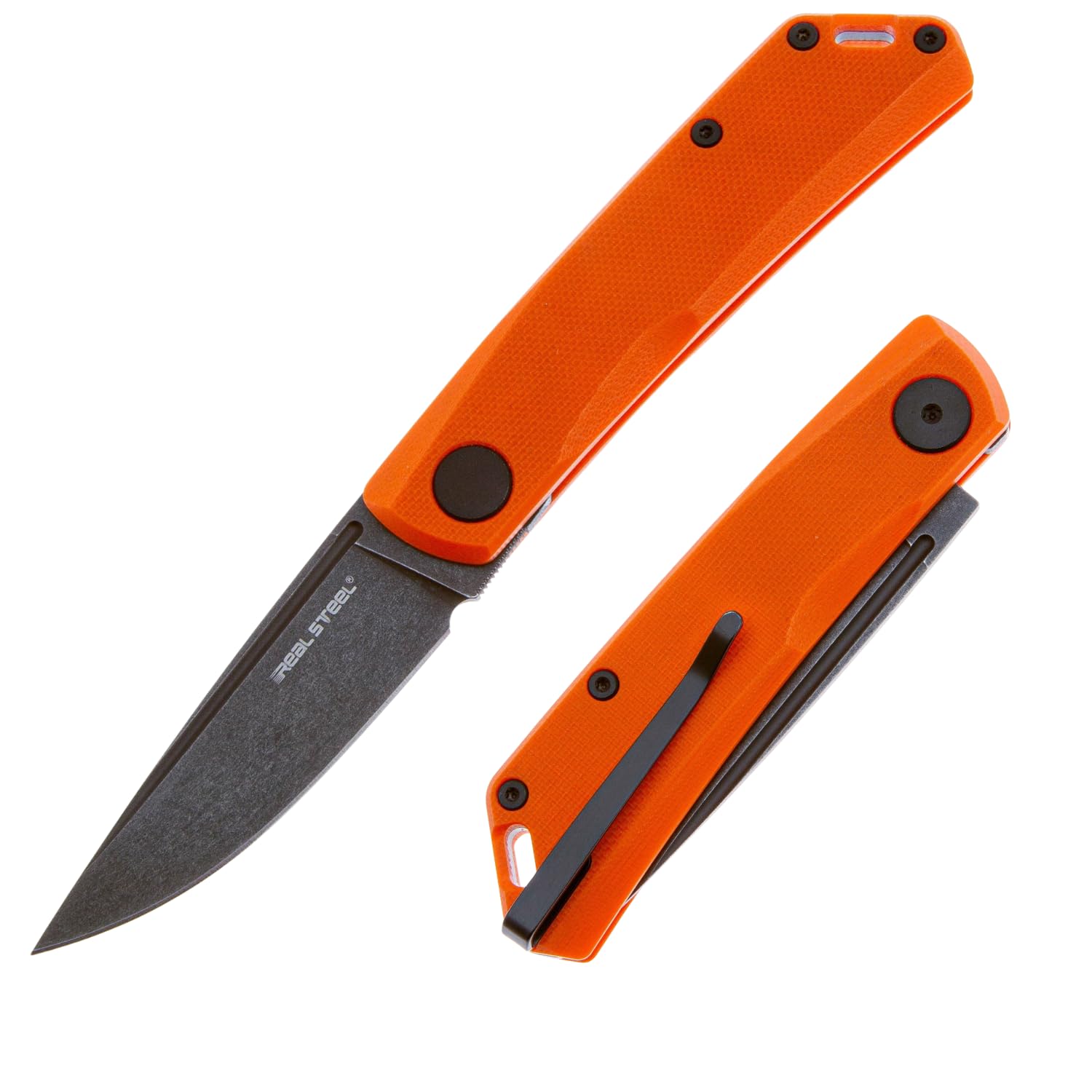 Real Steel Luna Lite Slipjoint Folding Pocket Knife - D2 Blade and G10 Handles - Perfect for Camping, Hiking, Daily Cutting Tasks - EDC Knife for Men Women - Orange/Blackwash