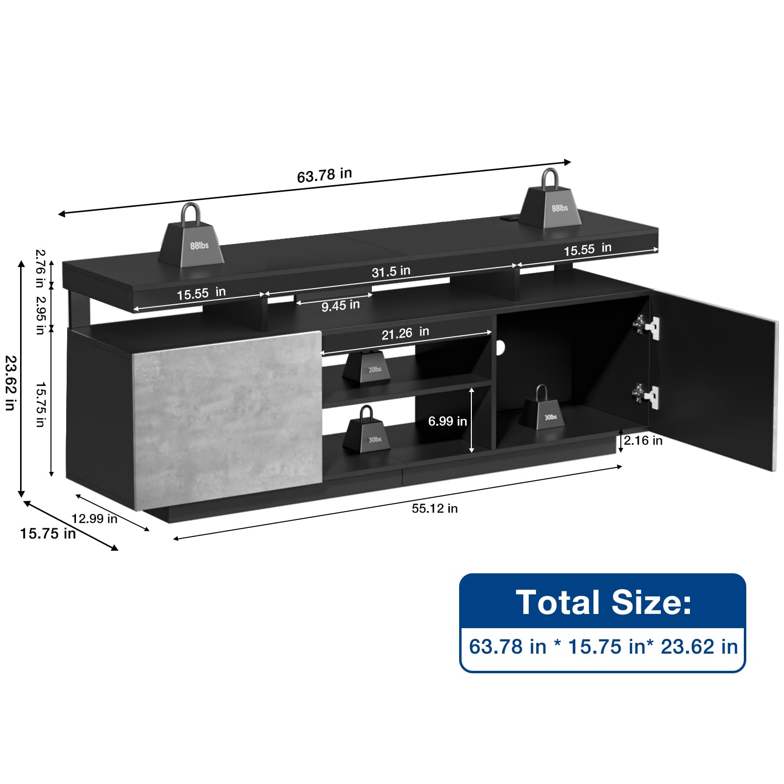 HOMMPA LED TV Stand with Power Outlets for 70/65/60/55 inch TV Modern Entertainment Center with Storage, Gaming TV Consoles with LED Lights Game Cabinet for Living Room Grey& Black