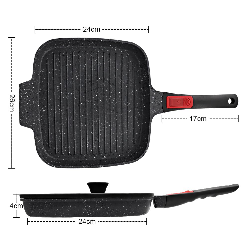 RANXINGST Griddle Pan with Lid, 10 Inch Cast Aluminium Non Stick Steak Pan with Detachable Handle for Induction Hob, Black