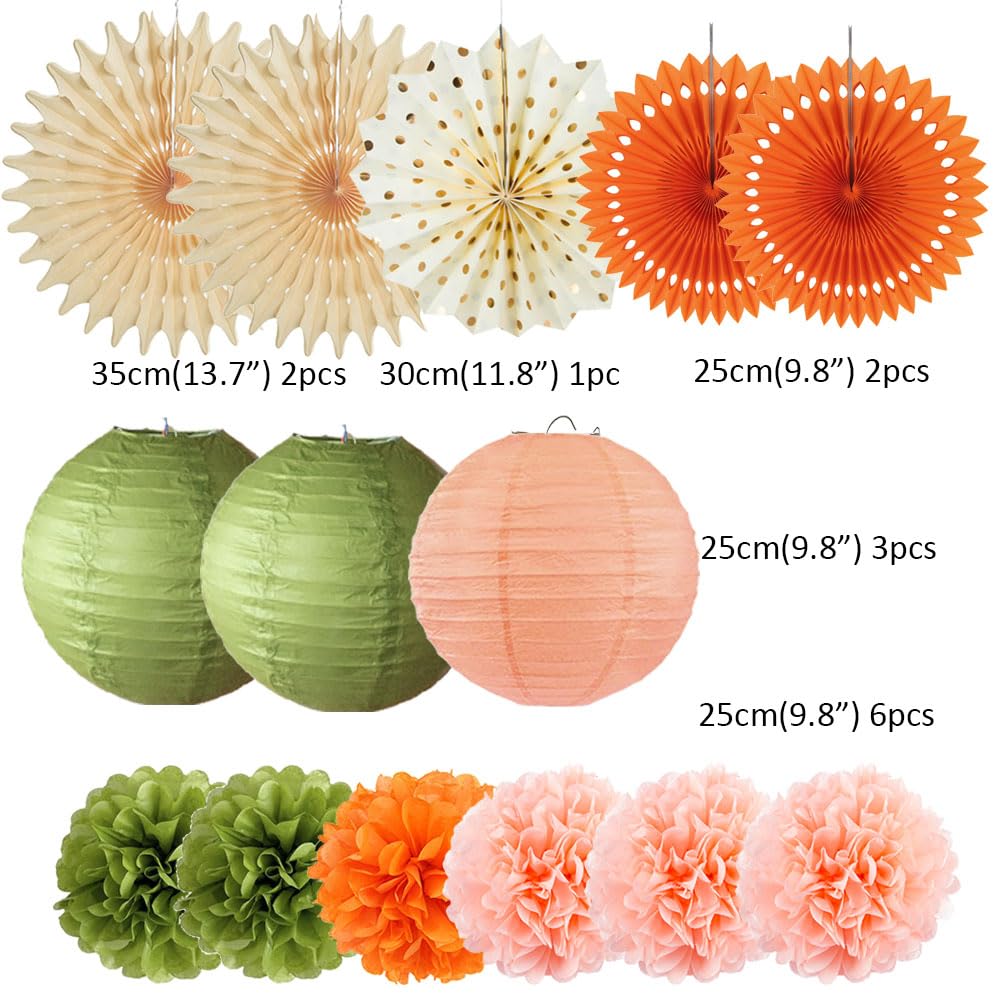 Olive Green and Orange Decorations Paper Lanterns Fans Tissue Paper Pom Poms Peach and Olive Green Decor with Gold Star Garland for Fall Baby Shower Bridal Shower Rustic Wedding Birthday Party