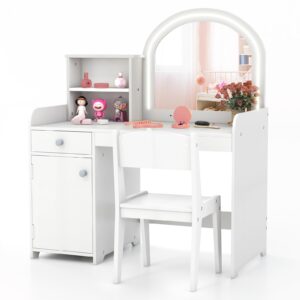 HONEY JOY Kids Vanity Set with Lighted Mirror, 2 in 1 Princess Toddler Dressing Table w/Open Storage Shelves & Drawer, Wooden Makeup Table & Chair Set, Pretend Play Vanity Set for Little Girls, White