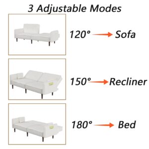 Altillo Modern Upholstered Convertible Futon Sofa Bed with Storage Pockets and 2 Pillows, Foldable Sleeper Sofa Armrest Couch w/6 Solid Wood Legs for Living Room Apartment (White)