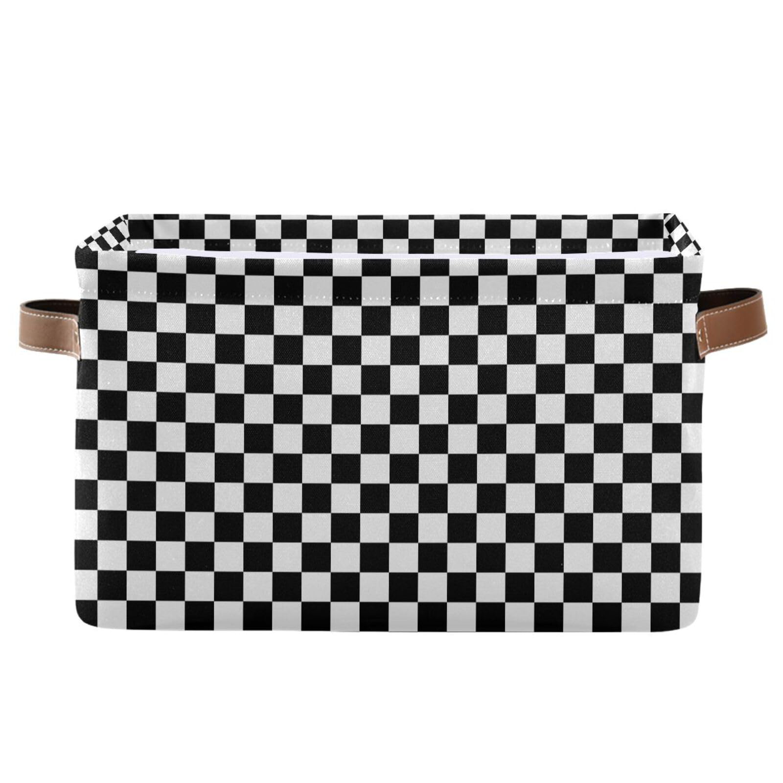 Black White Checkered Pattern Large Storage Basket Cube Storage Bin Canvas Fabric Organizer Handles Collapsible Decorative for Clothes Toys Bedroom