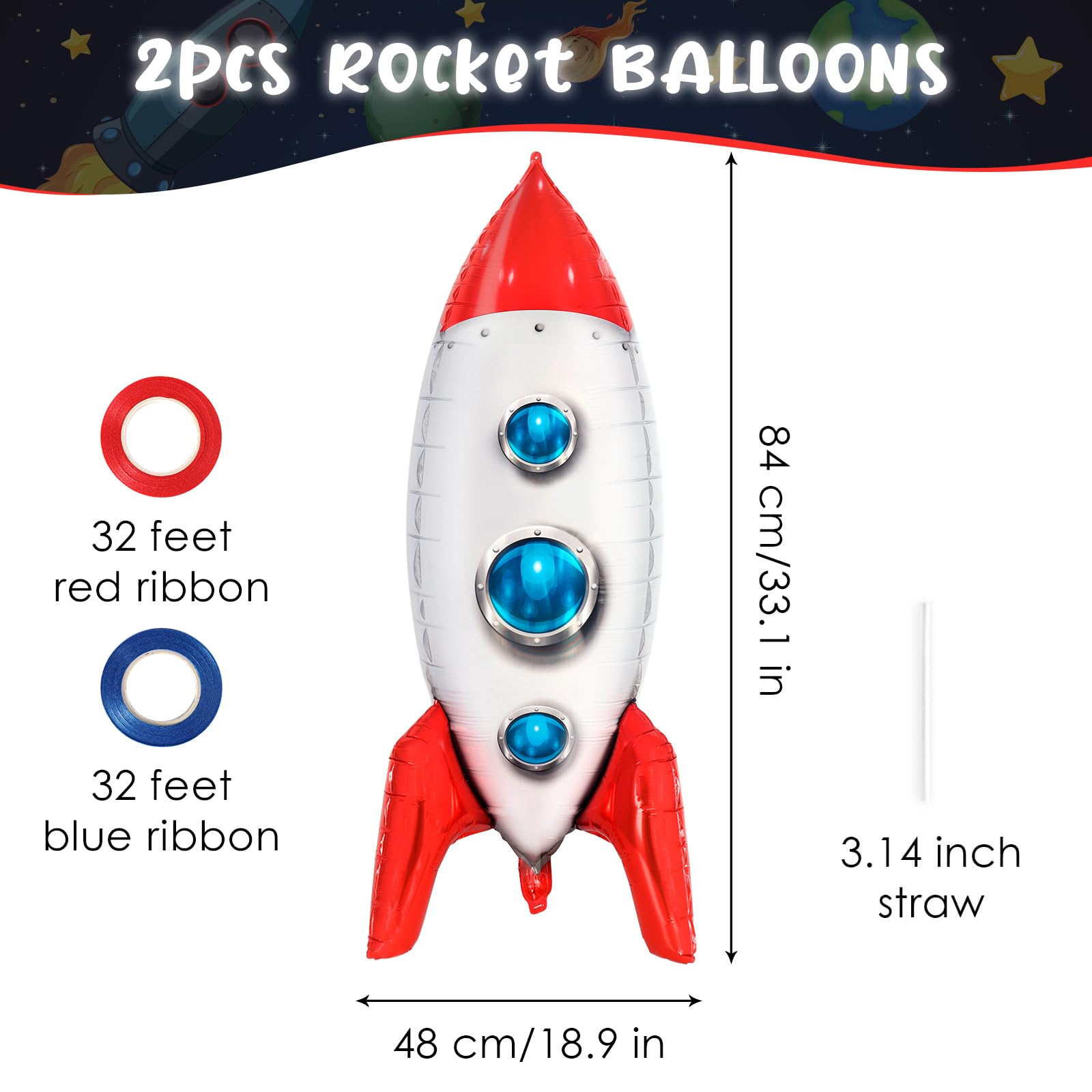 2 Pcs Large Rocket Balloons for Kids, 33 Inch Rocket Ship Balloons,Space Balloons Outer Space Foil Mylar Balloons for Kids Baby Shower Universe Space Theme Birthday Party Decorations (Redrocket Big)