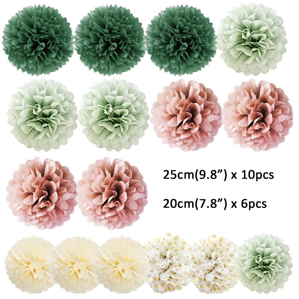 16pcs Dusty Rose Olive Sage Green Tissue Paper Pom Poms Flowers Sage Green Dusty Pink Party Decorations for Bridal Shower Baby Shower Rustic Wedding Birthday Engagement Party Decorations