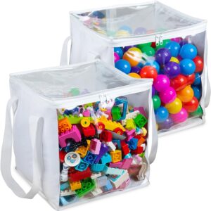 extra large toy storage clear bags with zipper, 2 pieces - measures 𝟏𝟒"×𝟏𝟒"×𝟏𝟒" clear plastic bins with handle, toy organizer for kids playroom, blocks, clothes, stuffed animal storage