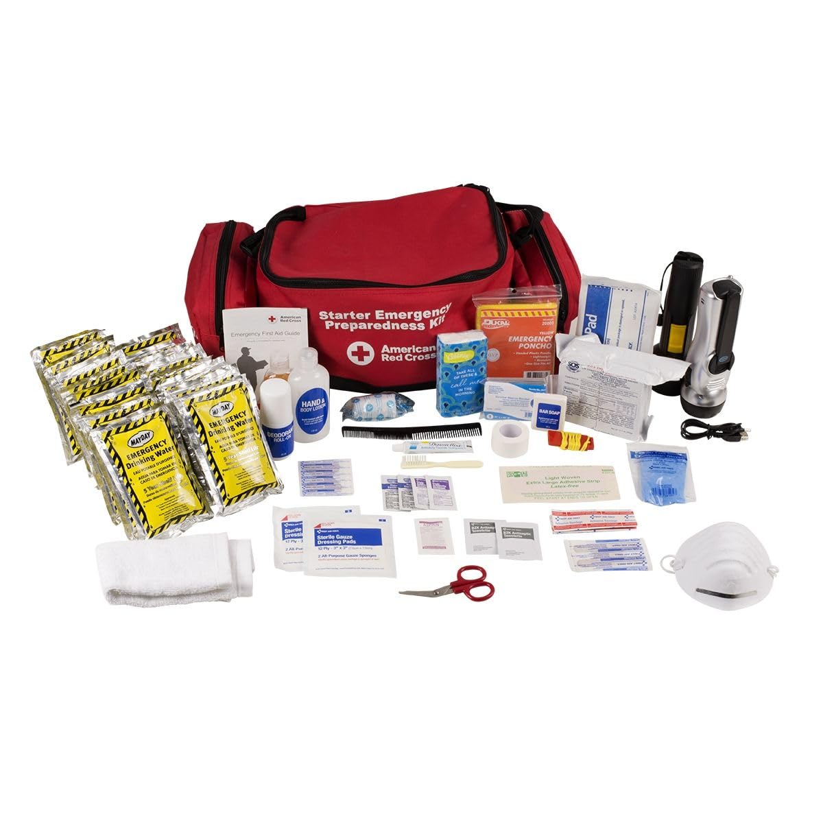 American Red Cross Officially Licensed Product, First Aid Concepts Basic Emergency Preparedness Starter Kit, 12 Hour Survival Supplies for 1 Person, Water, Phone Charger, Blanket, Food