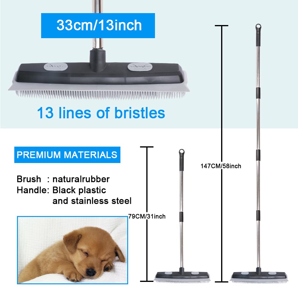 Pet Hair Rubber Broom with Carpet Rake and Squeegee, 2 in 1 Floor Brush for Carpet, 58 inch Adjustable Handle,Silicone Broom Black