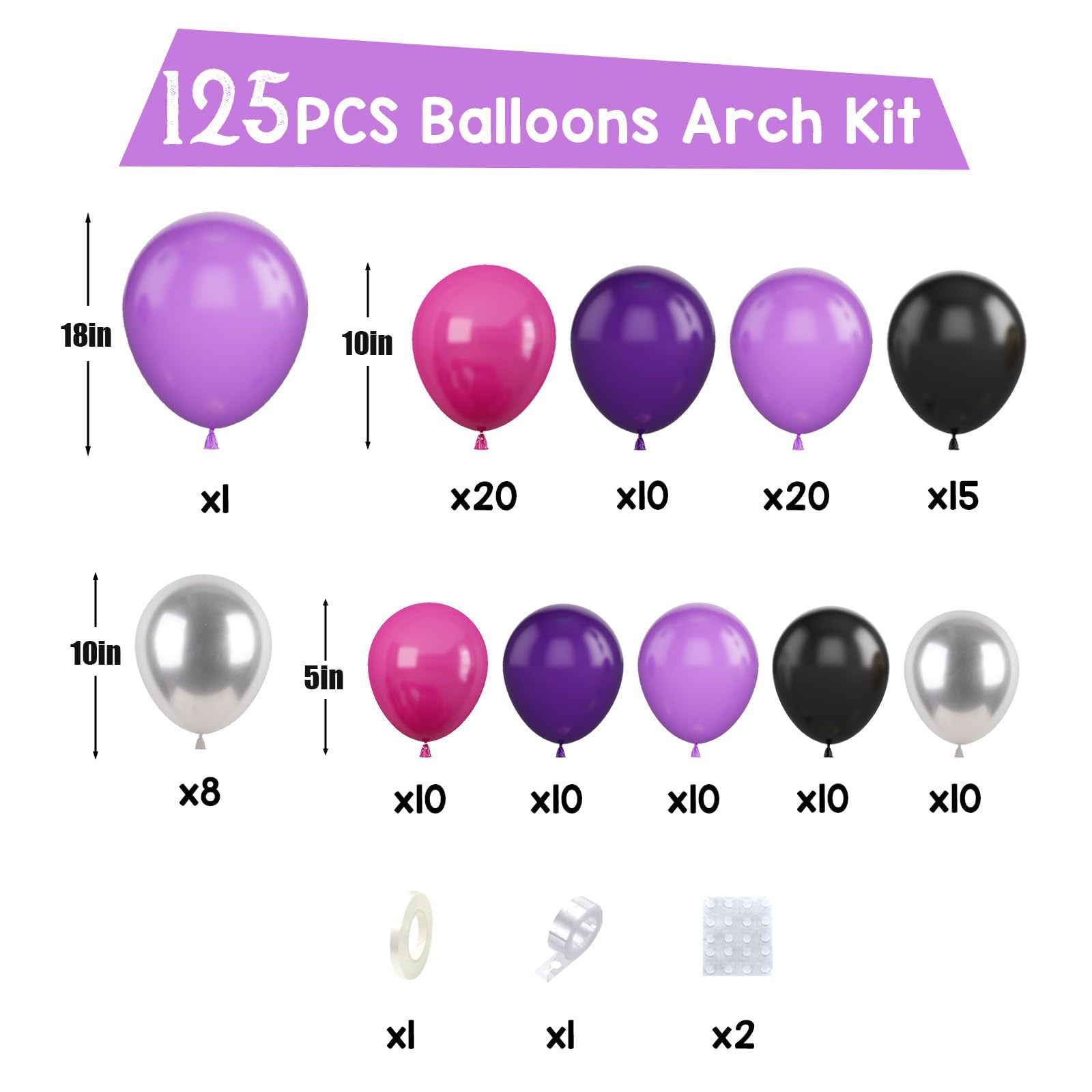 Paready Hot Pink and Purple Balloon Arch Kit, 125Pcs Purple Black Balloon Garland Kit Dark Purple Metallic Silver Party Balloons Purple Hot Pink Balloons for Kids Birthday Party Baby Shower Wedding