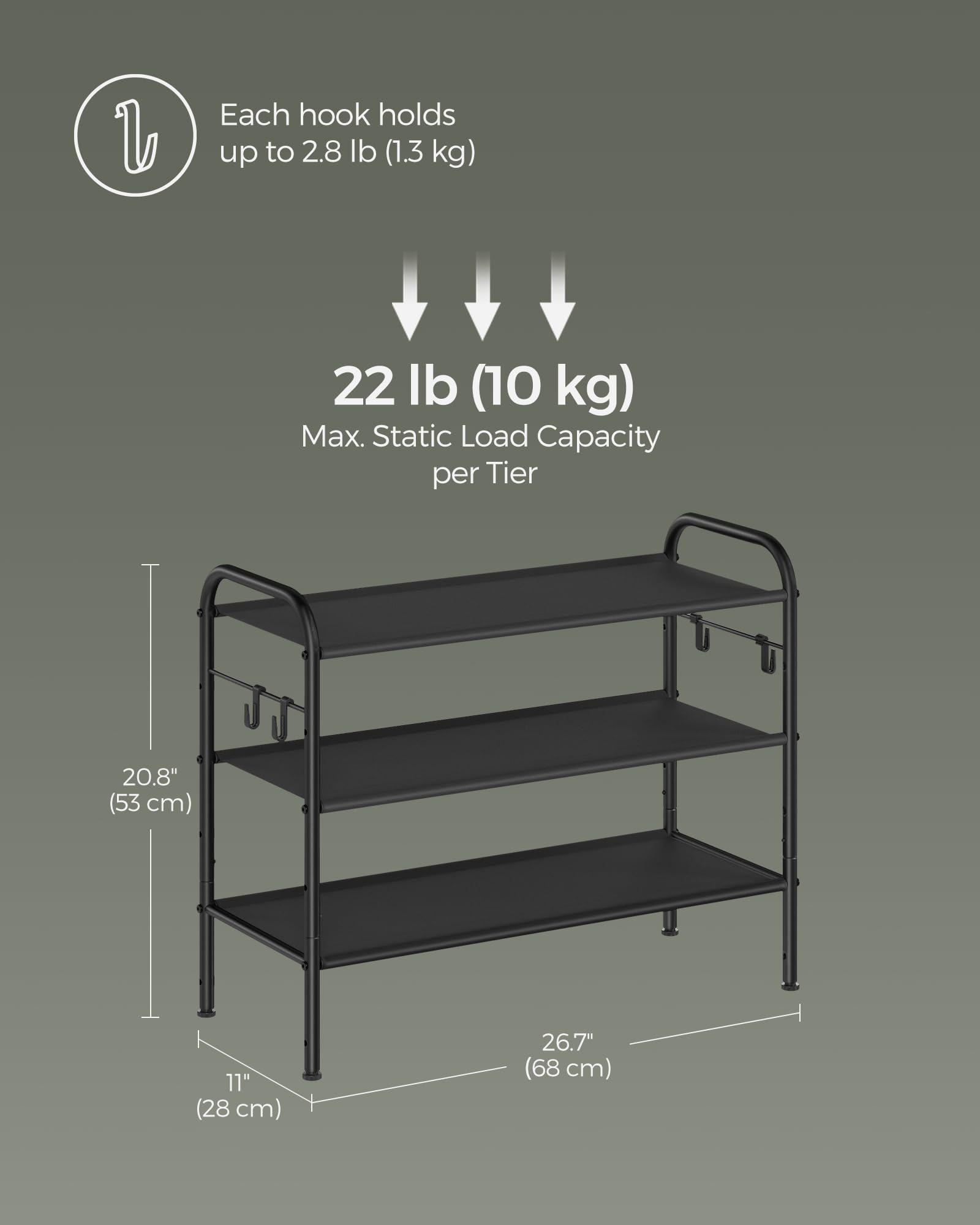 SONGMICS Shoe Rack, 3 Tier Shoe Organizer, Fabric Shoe Shelf Storage with 4 Hooks, Holds up to 12 Pairs of Shoes, Height-Adjustable Shoe Rack for Entryway, Hallway, Closet, Easy Assembly, Ink Black