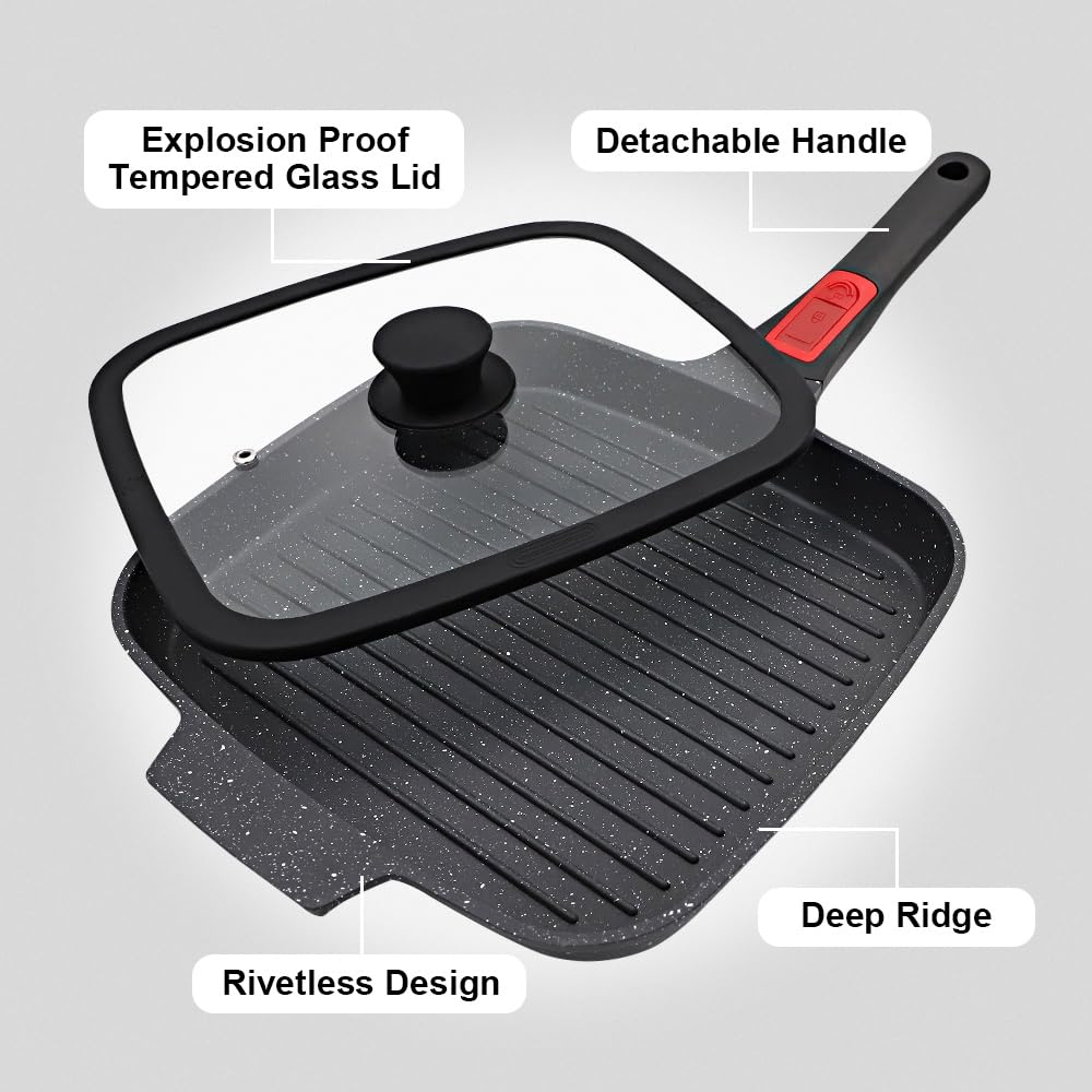 RANXINGST Griddle Pan with Lid, 10 Inch Cast Aluminium Non Stick Steak Pan with Detachable Handle for Induction Hob, Black