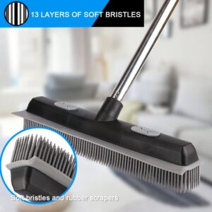 Pet Hair Rubber Broom with Carpet Rake and Squeegee, 2 in 1 Floor Brush for Carpet, 58 inch Adjustable Handle,Silicone Broom Black