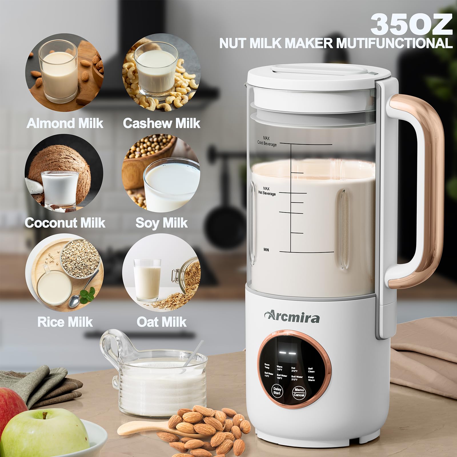 Automatic Nut Milk Maker, 35 oz(1000ml) Homemade Almond, Oat, Soy, Plant-Based Milk and Dairy Free Beverages, Almond Milk Maker with Delay Start/Keep Warm/Boil Water, Soy Milk Maker with Nut Milk Bag