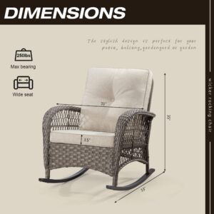 Gardenbee Patio Rocking Chair - Outdoor Rocker Chair with Safe Rocking Design, Metal Frame All Weather Wicker and Premium Fabric Cushions (Mixed Brown/Beige)