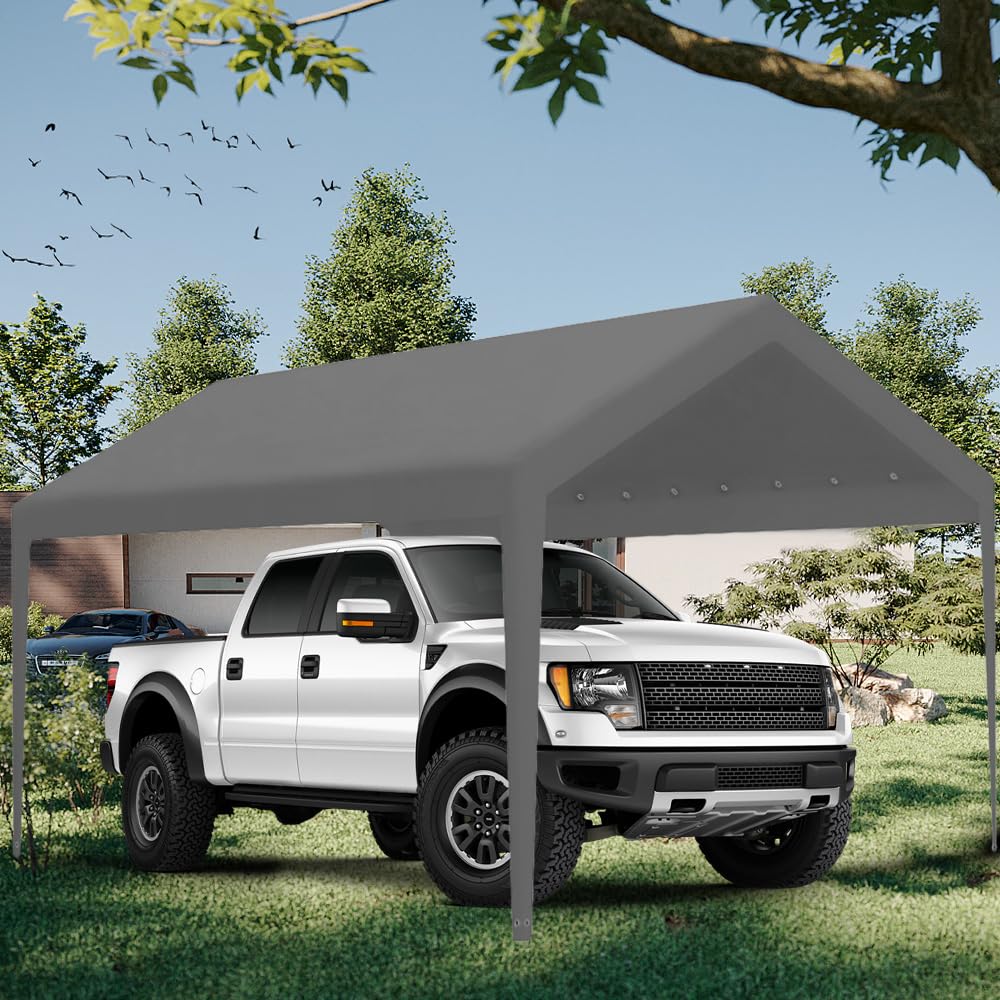 Carport Replacement Canopy, Replacement Top Cover for 10' x 20' Carport Frame, 180G PE Fabric Waterproof & UV Protected Tarp with Ball Bungees, Grey (Only Top Cover, Frame is not Included)