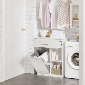 Haotian Bathroom Laundry Cabinet, Tilt-Out Laundry Hamper, Narrow Storage Cabinet with Drawer and Shelves, Bathroom Storage Cabinet Unit with Removable Basket, White BZR66-W