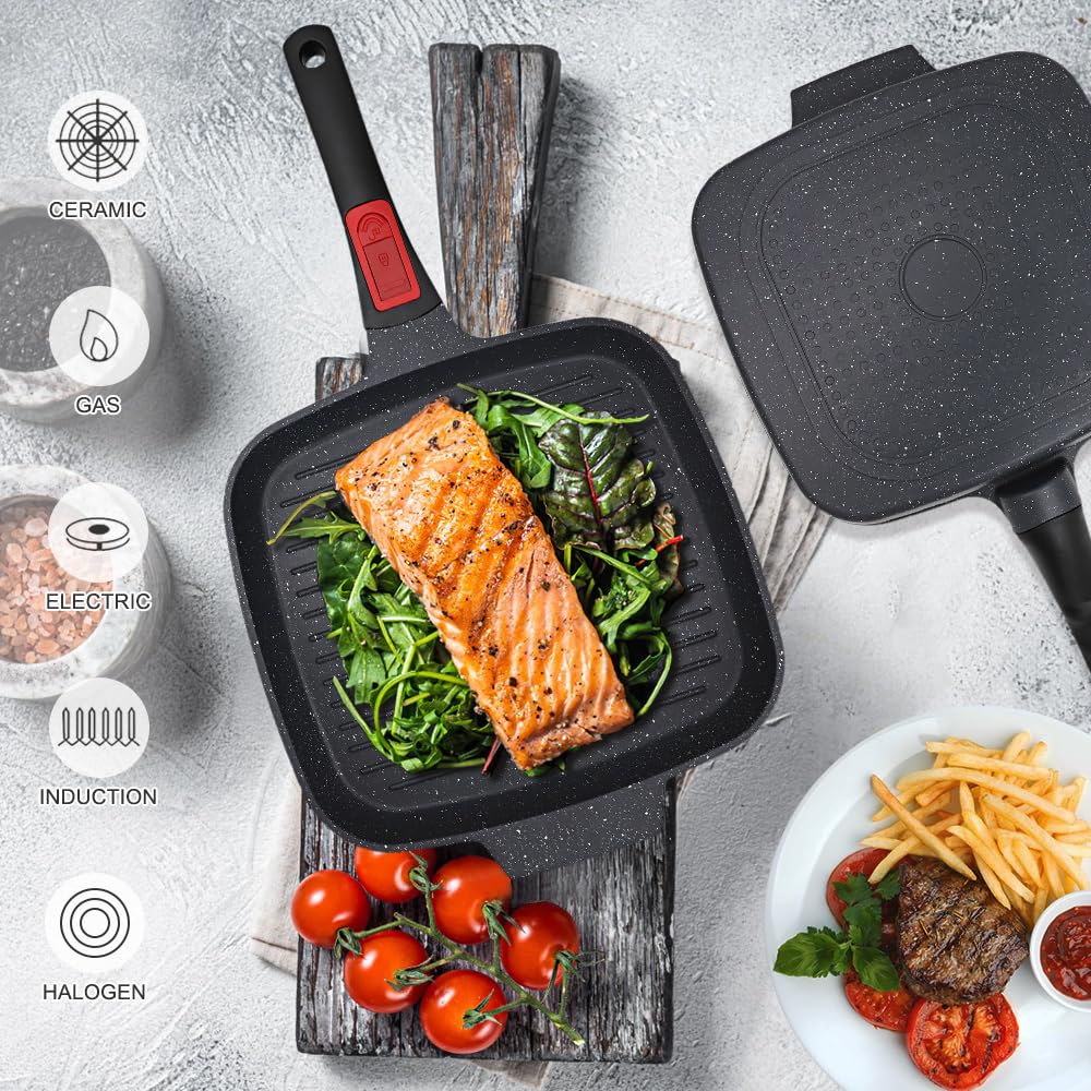 RANXINGST Griddle Pan with Lid, 10 Inch Cast Aluminium Non Stick Steak Pan with Detachable Handle for Induction Hob, Black