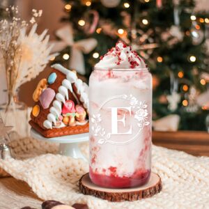 Birthday Gifts for Women, Monogrammed Initial Glass Cup Personalized Gifts for Women, 16oz Glass Cups with Lids and Straws, Iced Coffee Cup, Beer Can Shaped Glass - Personalized Christmas Gifts E