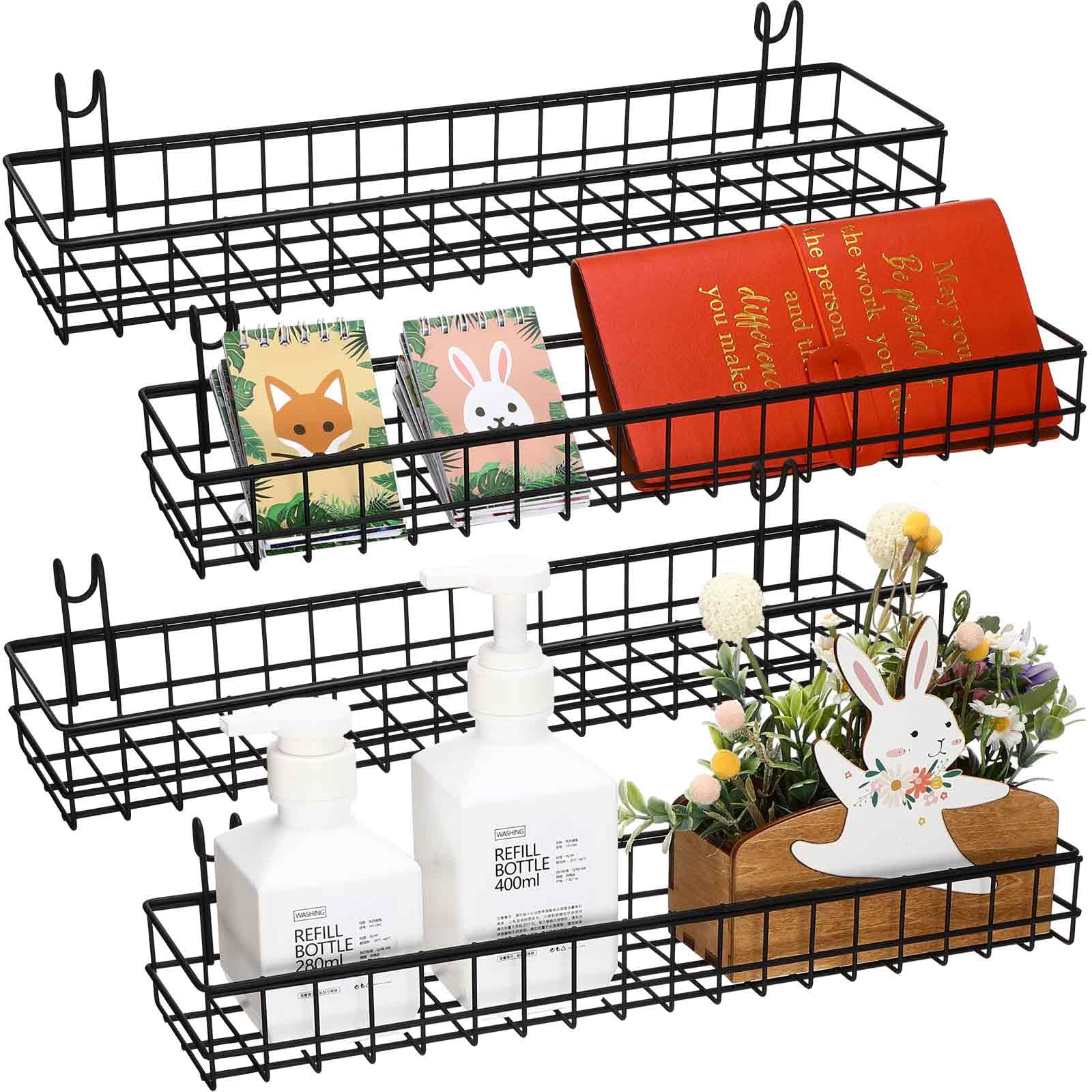 Blulu 4 Pcs Metal Grid Wall Baskets with Hooks Grid Wall Shelves Hanging Wire Basket Multi Function Storage Organizer for Kitchen Organizing Display(Black,15.75 x 3.94 x 1.97 Inch)