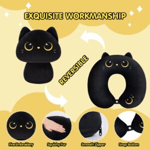 Mewaii Kids Travel Pillow, Cute Black Cat Stuffed Animal Neck Pillow for Kids & Adults, Reversible Plush Squishy 2-in-1 Travel Plush Pillow for Airplane, Car, Train