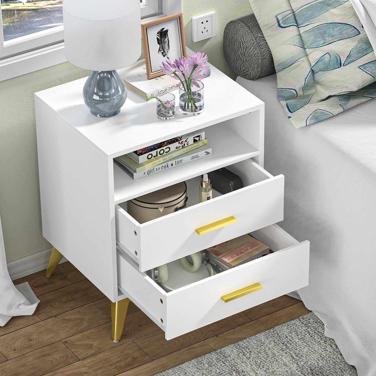 Giluta White Night Stand with 2 Drawers,15.75" D x 19.7" W x 24" H Modern Nightstand for Bedroom, Bedside Table Organizer with Storage