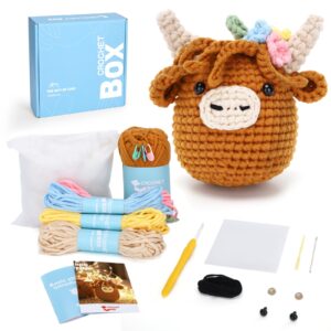 crochet kit for beginners: highland cow crochet kit, starter crochet kit, include easy knitting soft yarn, step-by-step video tutorial, hook, birthday gift for adults and kids(30%+ yarn)