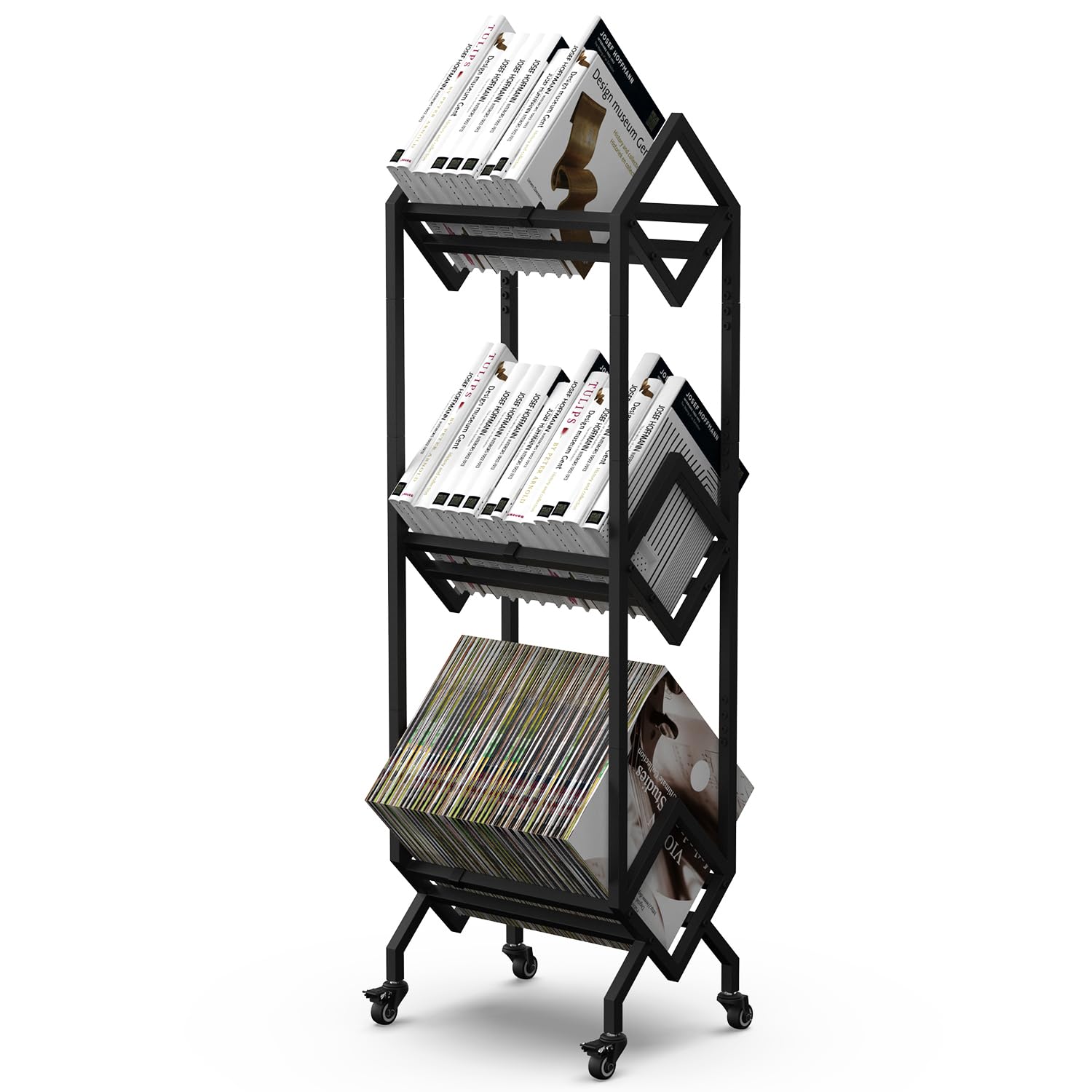 VENNQD Bookshelf Book Cart Rack Industrial Metal Bookcase 3 Tier Holder with Wheels Modern Stylish Design Magazines Files Album Recipe Book Storage Organizer for Sofa End Bed Beside (3 Tier)