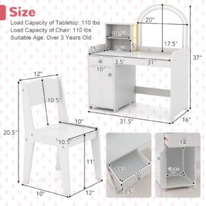 HONEY JOY Kids Vanity Set with Lighted Mirror, 2 in 1 Princess Toddler Dressing Table w/Open Storage Shelves & Drawer, Wooden Makeup Table & Chair Set, Pretend Play Vanity Set for Little Girls, White