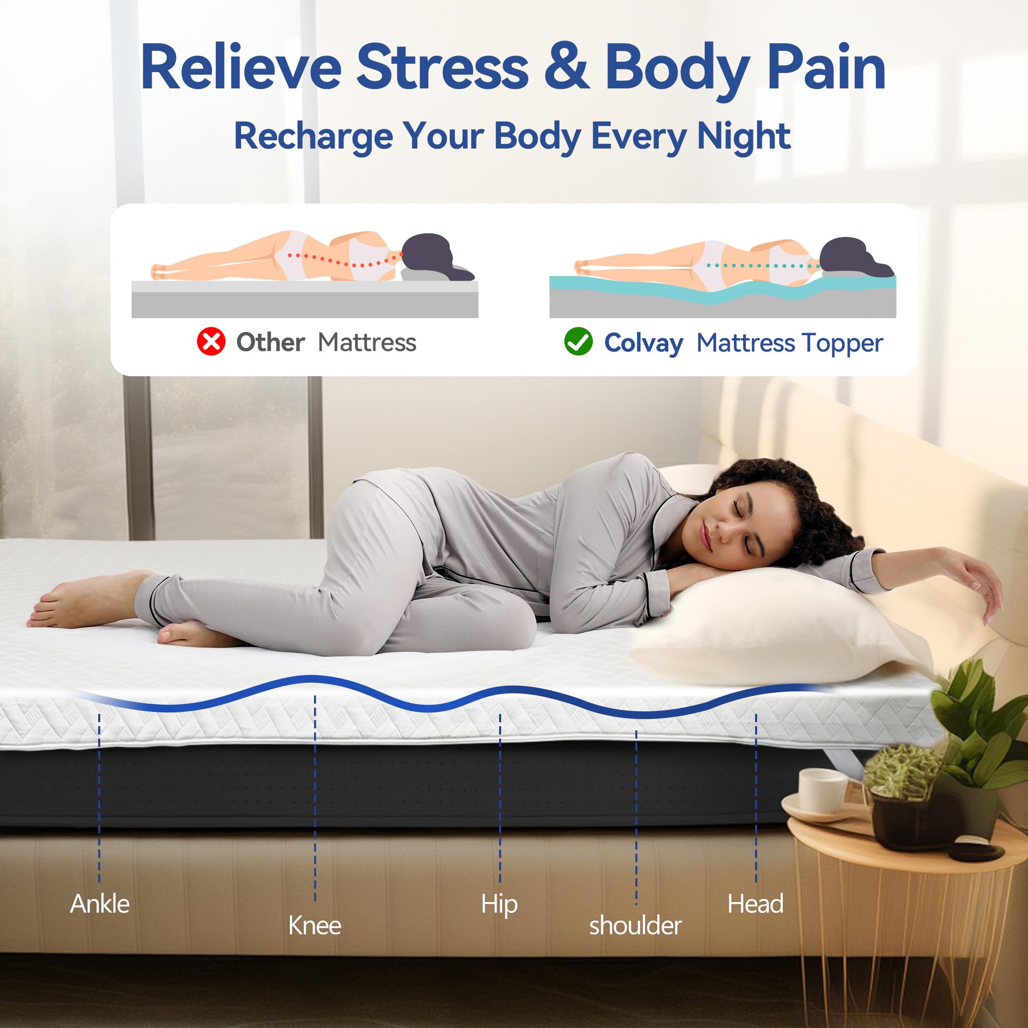 Colvay 3 Inch Gel Memory Foam Mattress Topper Full Size for Back Pain, Cooling Mattress Pad Bed Topper with Removable and Washable Bamboo Cover, CertiPUR-US & Oeko-Tex Certified – White