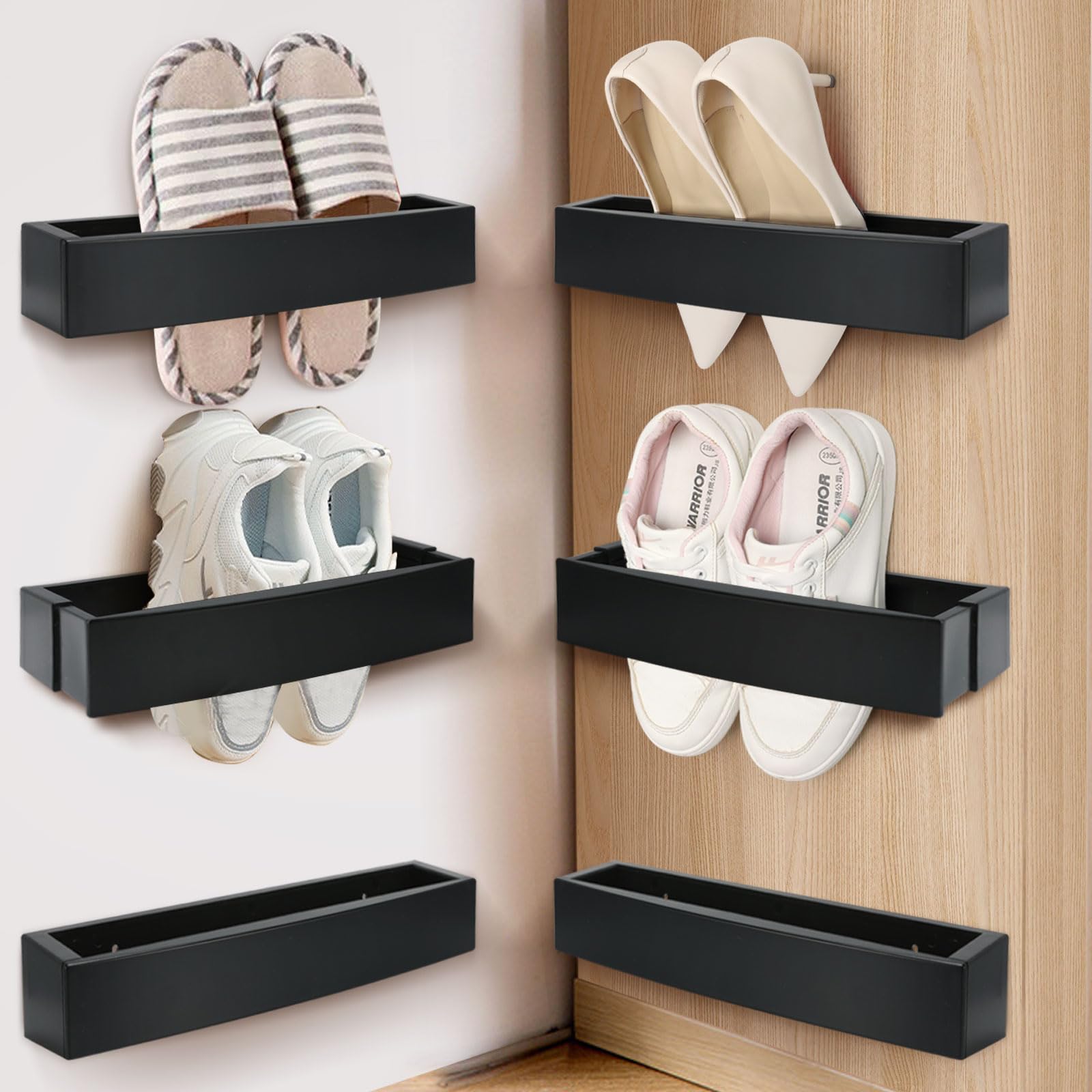 Nirxxiy 6 Pack Adjustable Wall Mounted Shoes Rack, Plastic Shoes Holder Storage Organizer,RV Storage,Door Shoe Hangers,Hanging Shoe Organizer(Black-6-Screw-stickers)