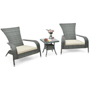 tangkula 3-piece wicker adirondack set, ergonomic oversized rattan chairs w/coffee table, comfy seat cushions, tempered glass tabletop, patio wicker conversation set for porch (wicker, 3-pc)