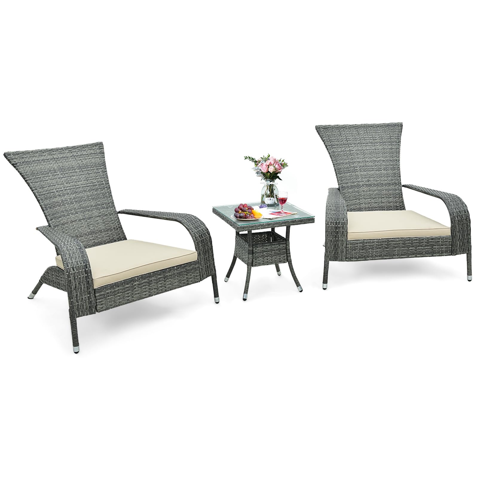 Tangkula 3-Piece Wicker Adirondack Set, Ergonomic Oversized Rattan Chairs w/Coffee Table, Comfy Seat Cushions, Tempered Glass Tabletop, Patio Wicker Conversation Set for Porch (Wicker, 3-pc)