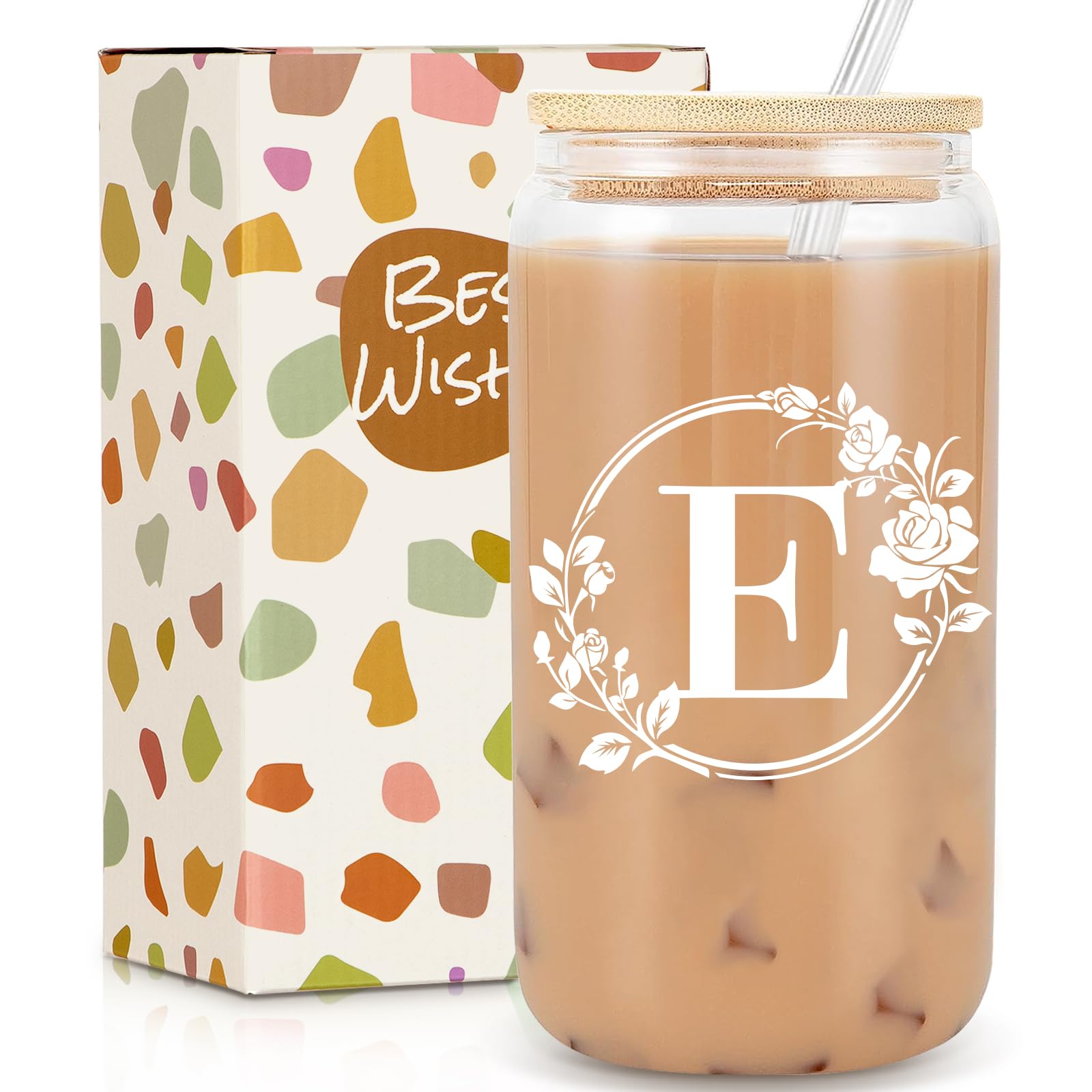 Birthday Gifts for Women, Monogrammed Initial Glass Cup Personalized Gifts for Women, 16oz Glass Cups with Lids and Straws, Iced Coffee Cup, Beer Can Shaped Glass - Personalized Christmas Gifts E