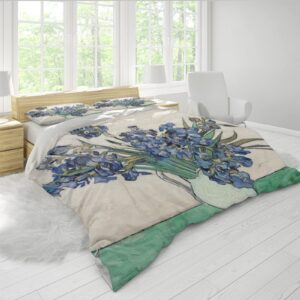 rivine impressionism style duvet cover set 3 pieces blooming irises, 1890 breathable bedroom bedding set with 2 pillow shams 4 ties zipper queen