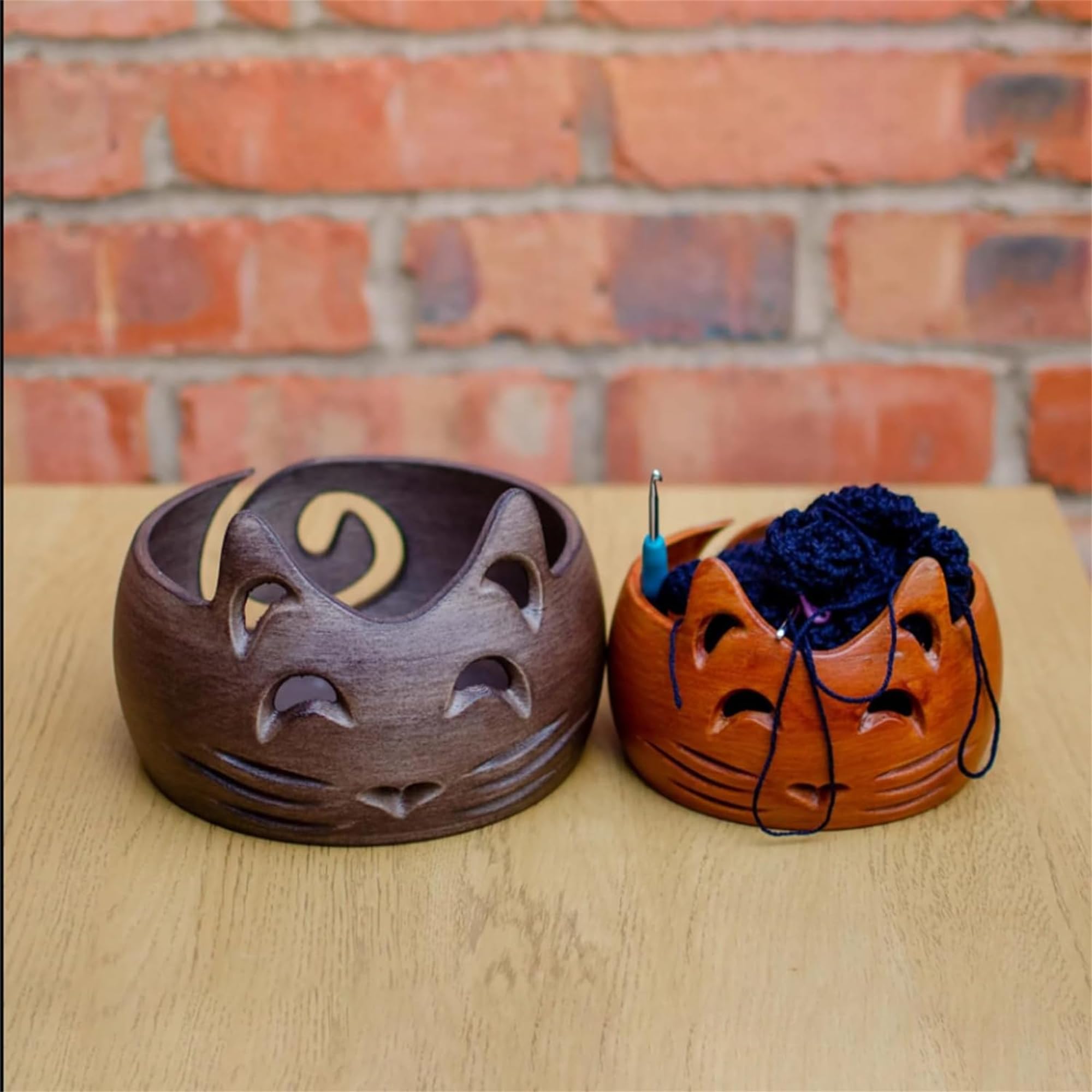 Cute Cat Yarn Bowl, Yarn Bowls Yarn Storage Bowl with Carved Holes & Drill, Creative Wooden Handmade Round Woolen Bowl for DIY Knitting Crocheting Accessories (B)