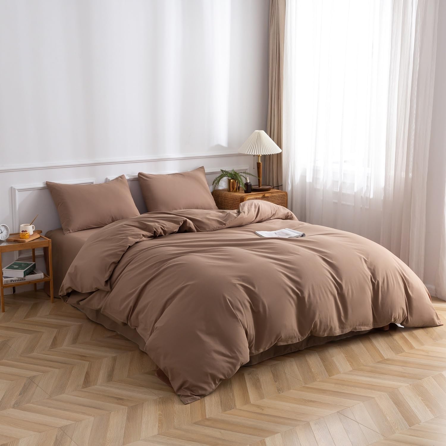 TazmKezm Mocha Duvet Cover 100% Washed Cotton Duvet Cover Set, 3 PCs Breathable Soft Bedding Set Linen Textured. Solid Color Pattern Duvet Cover Full Size (80x90 Inch)