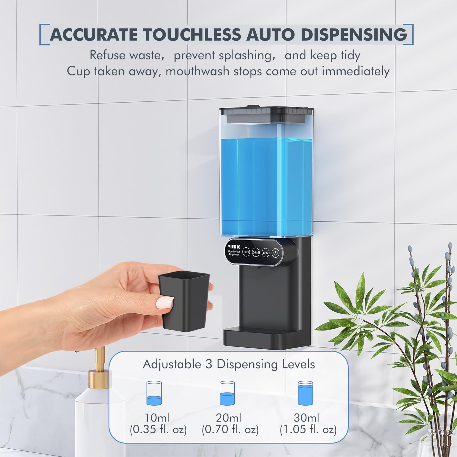 Automatic Mouthwash Dispenser for Bathroom-24.6FlOz 3 Adjustable Dispensing Levels MouthWash Dispenser for Bathroom Accessories with Magnetic Cups & Organizer, for Both All Age Groups Oral Care, Black