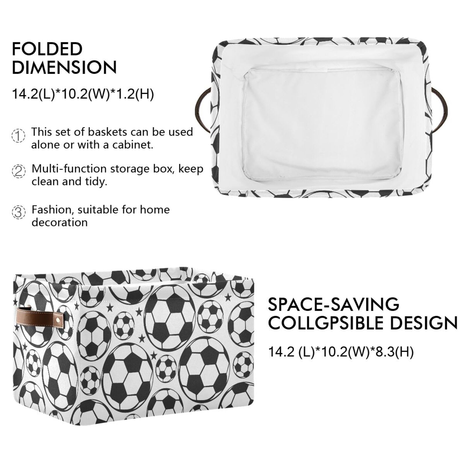 Soccer Ball Football Large Storage Basket Cube Storage Bin Canvas Fabric Organizer Handles Collapsible Decorative for Clothes Toys Bedroom