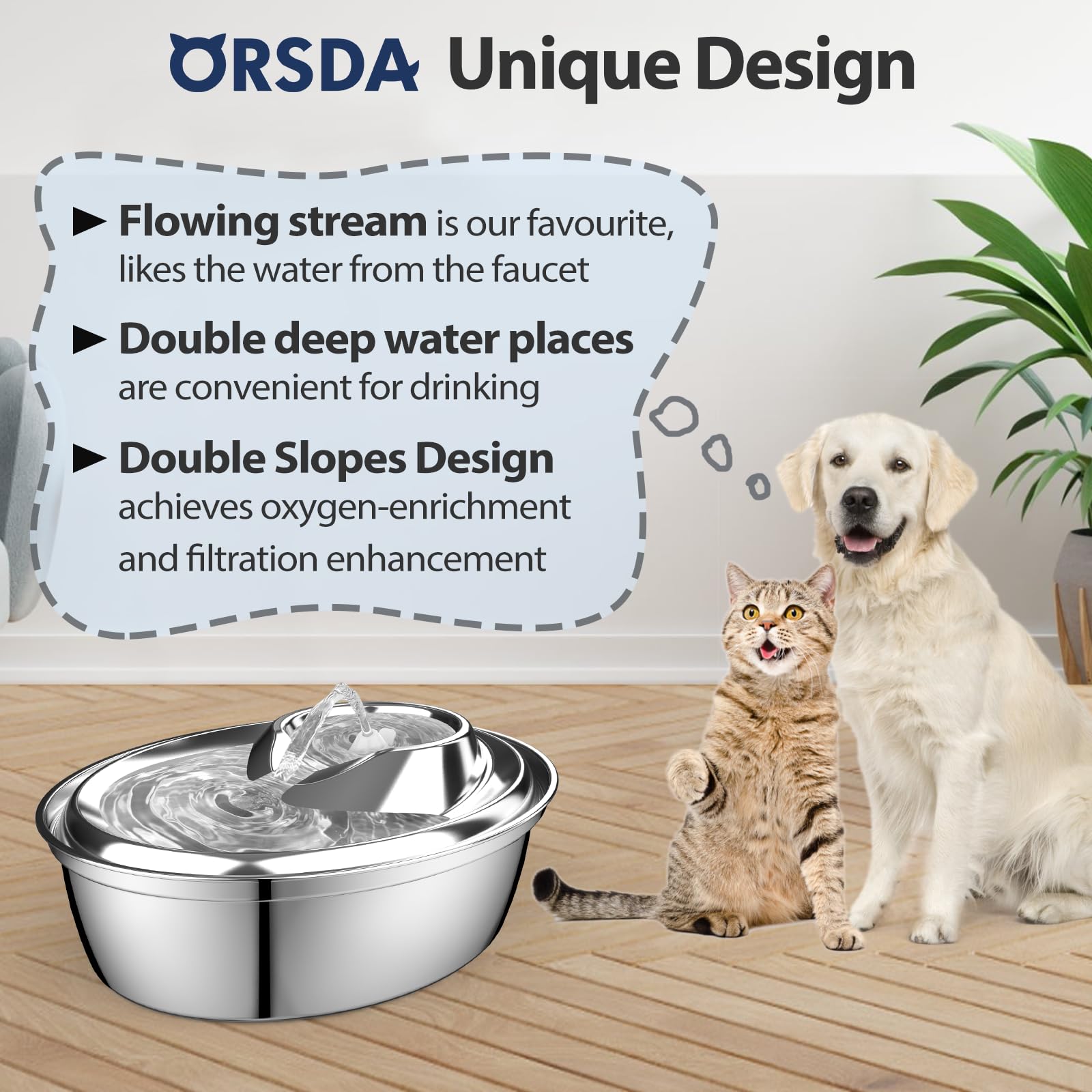 ORSDA Cat Water Fountain Stainless Steel, 2L/67oz Pet Fountain for Cats Inside, Automatic Dog Drinking Dispenser Cat Feeding & Watering Supplies with 2 Filter