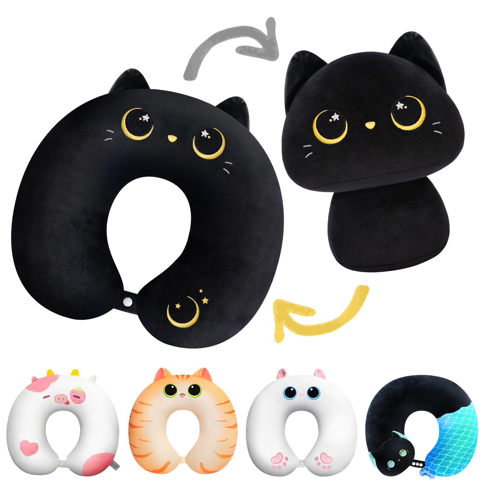 Mewaii Kids Travel Pillow, Cute Black Cat Stuffed Animal Neck Pillow for Kids & Adults, Reversible Plush Squishy 2-in-1 Travel Plush Pillow for Airplane, Car, Train