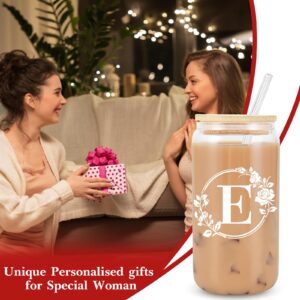 Birthday Gifts for Women, Monogrammed Initial Glass Cup Personalized Gifts for Women, 16oz Glass Cups with Lids and Straws, Iced Coffee Cup, Beer Can Shaped Glass - Personalized Christmas Gifts E