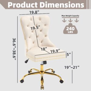 GOOLON Velvet Home Office Desk Chair, Height Adjustable Vanity Chair withTufted Back, Swivel Comfy Seat, Luxury Rivet Trim, Golden Base for Bedroom Living Room, Beige