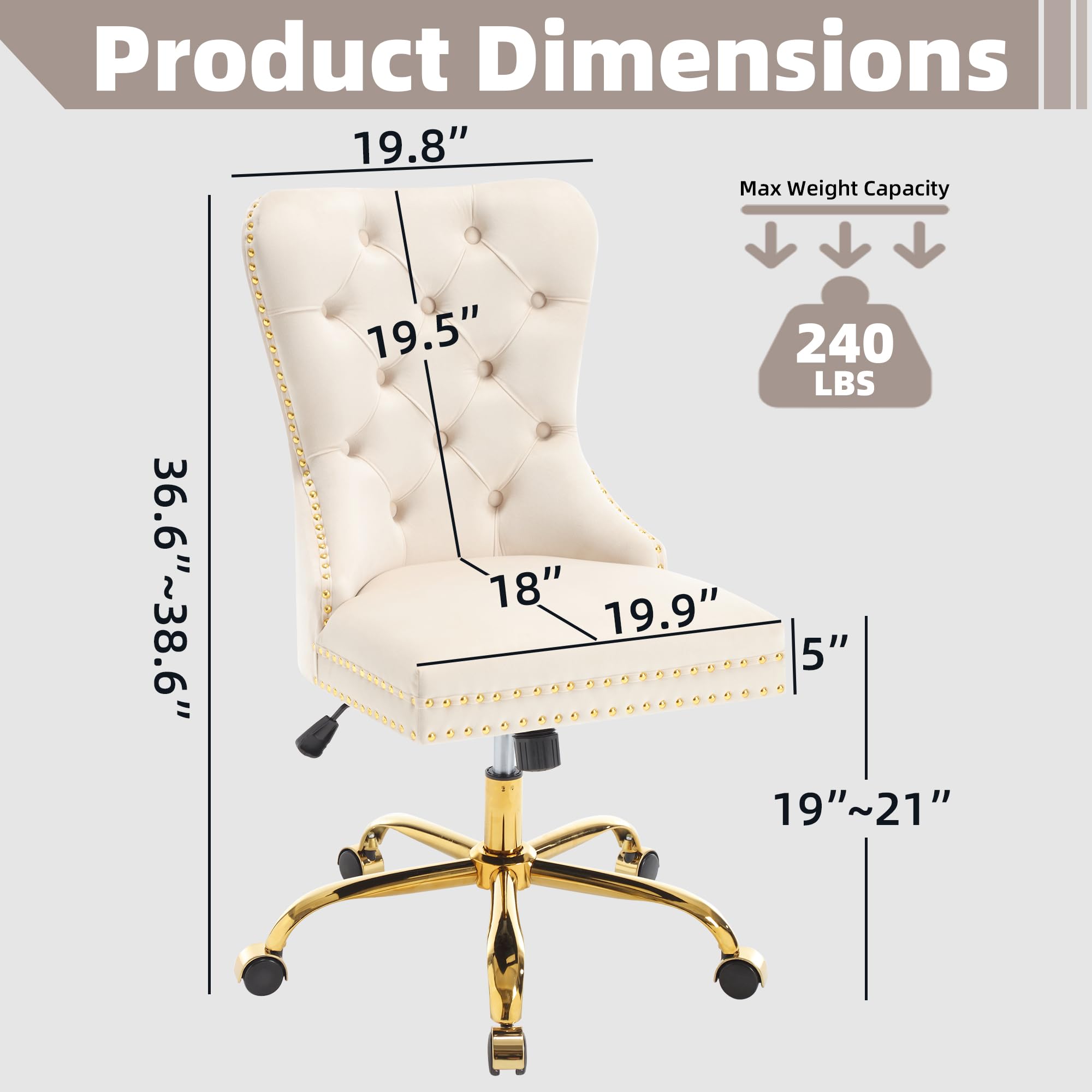 GOOLON Velvet Home Office Desk Chair, Height Adjustable Vanity Chair withTufted Back, Swivel Comfy Seat, Luxury Rivet Trim, Golden Base for Bedroom Living Room, Beige