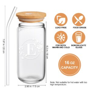 Birthday Gifts for Women, Monogrammed Initial Glass Cup Personalized Gifts for Women, 16oz Glass Cups with Lids and Straws, Iced Coffee Cup, Beer Can Shaped Glass - Personalized Christmas Gifts E