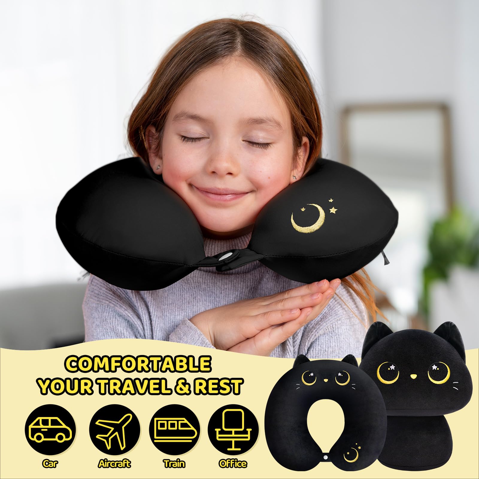 Mewaii Kids Travel Pillow, Cute Black Cat Stuffed Animal Neck Pillow for Kids & Adults, Reversible Plush Squishy 2-in-1 Travel Plush Pillow for Airplane, Car, Train