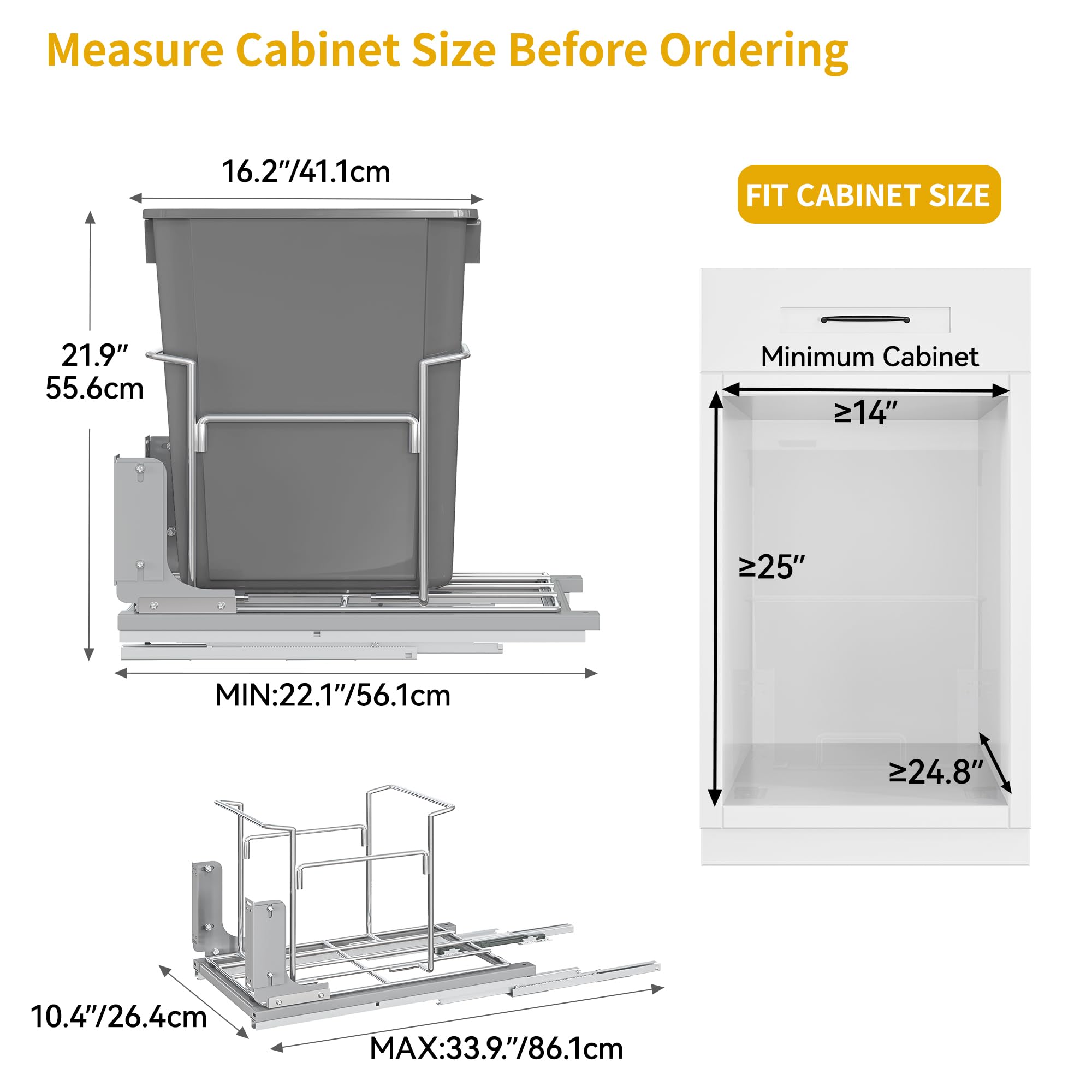 37-Quart (L) Pull-Out Trash Can with Soft Close for 14" W x 24.8" D x 25" H Min Cabinets, Sliding Under Mount Kitchen Pullout Waste Container Trash Can, Gray