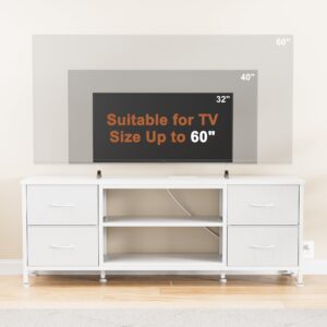 Lulive TV Stand Dresser for Bedroom with Power Outlet & Open Shelf, Media Console Table with 4 Fabric Drawers Storage Organizers (White, 50 Inch TV Stand)