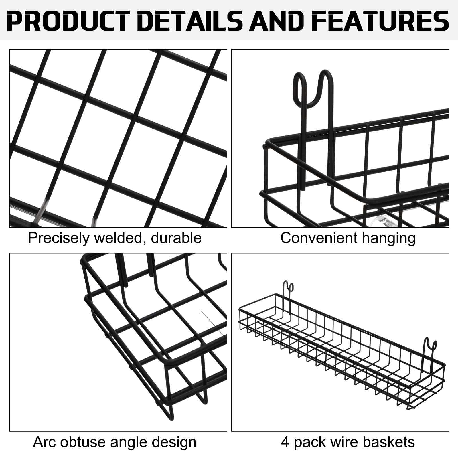 Blulu 4 Pcs Metal Grid Wall Baskets with Hooks Grid Wall Shelves Hanging Wire Basket Multi Function Storage Organizer for Kitchen Organizing Display(Black,15.75 x 3.94 x 1.97 Inch)