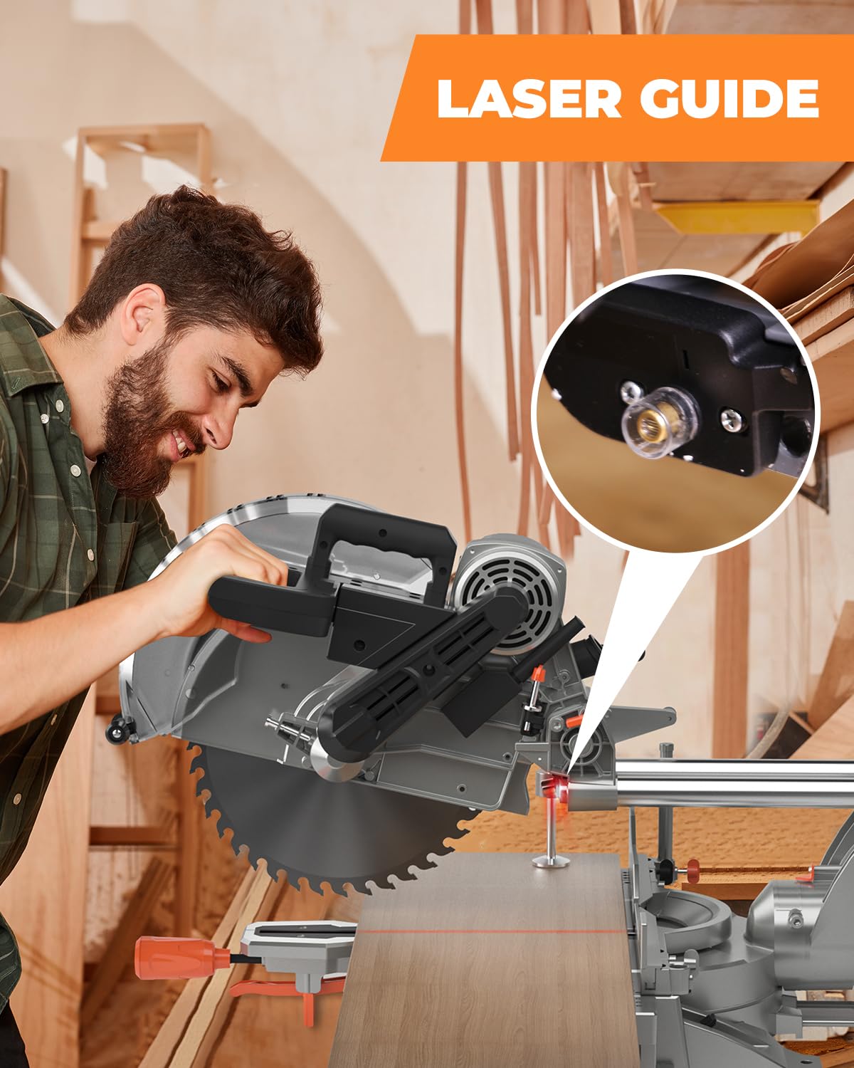 DWT Sliding Miter Saw, 12-inch Compound Miter Saw with Double Bevel Cutting(-45°/0°/+45°)/Laser Guide/9 Positive Stops/3800RPM, 15Amp Miter Saw with Extension Table, 4.2x13in Cutting Capacity-HM1247A